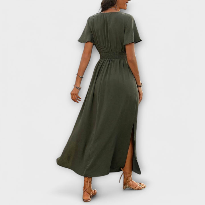 Heather - Elegantní boho šaty s V-výstřihem a dlouhými rukávy