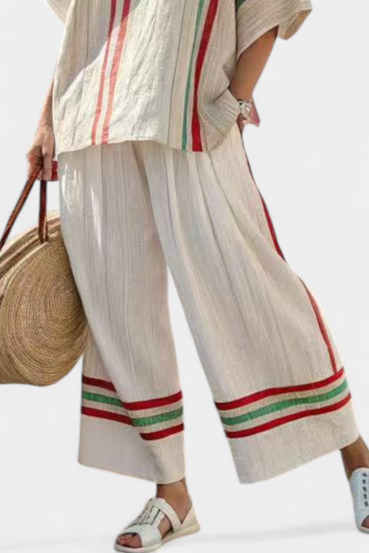 Souprava Mediterranean Daisy z bambusového lnu s elegantními červenými a zelenými pruhy
