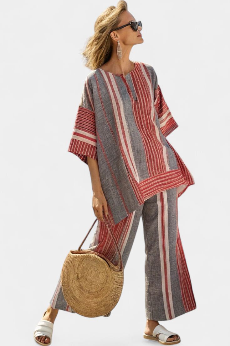 Oversize Daisy Salopeta z Lnu s Pruhy v Červené Korálové a Šedé, Moderní a Pohodlný Styl