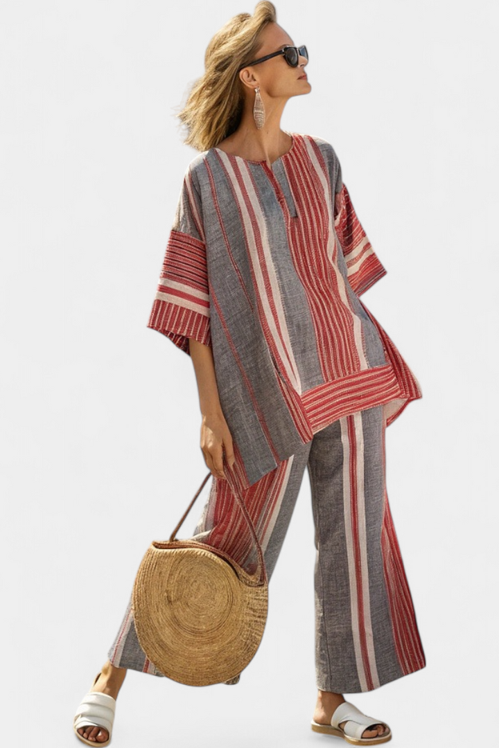 Oversize Daisy Salopeta z Lnu s Pruhy v Červené Korálové a Šedé, Moderní a Pohodlný Styl