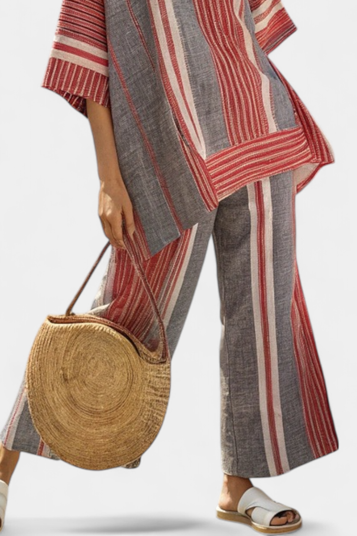 Oversize Daisy Salopeta z Lnu s Pruhy v Červené Korálové a Šedé, Moderní a Pohodlný Styl