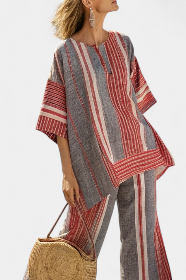 Oversize Daisy Salopeta z Lnu s Pruhy v Červené Korálové a Šedé, Moderní a Pohodlný Styl